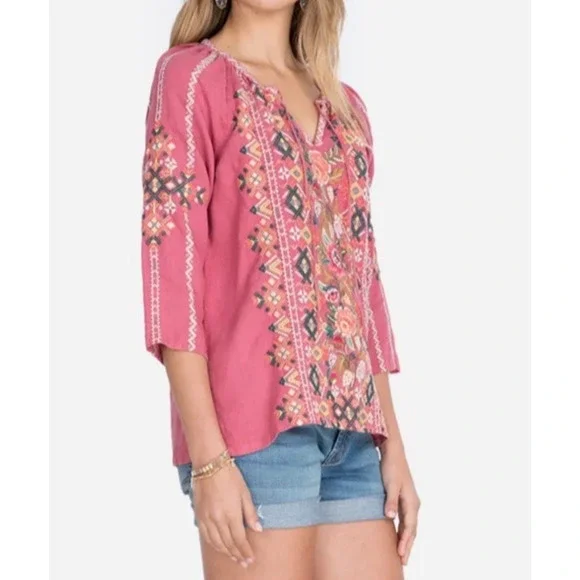 Johnny Was Chandra Pink Linen Peasant Top Blouse XS Embroidered Boho Cottage - Picture 3 of 13